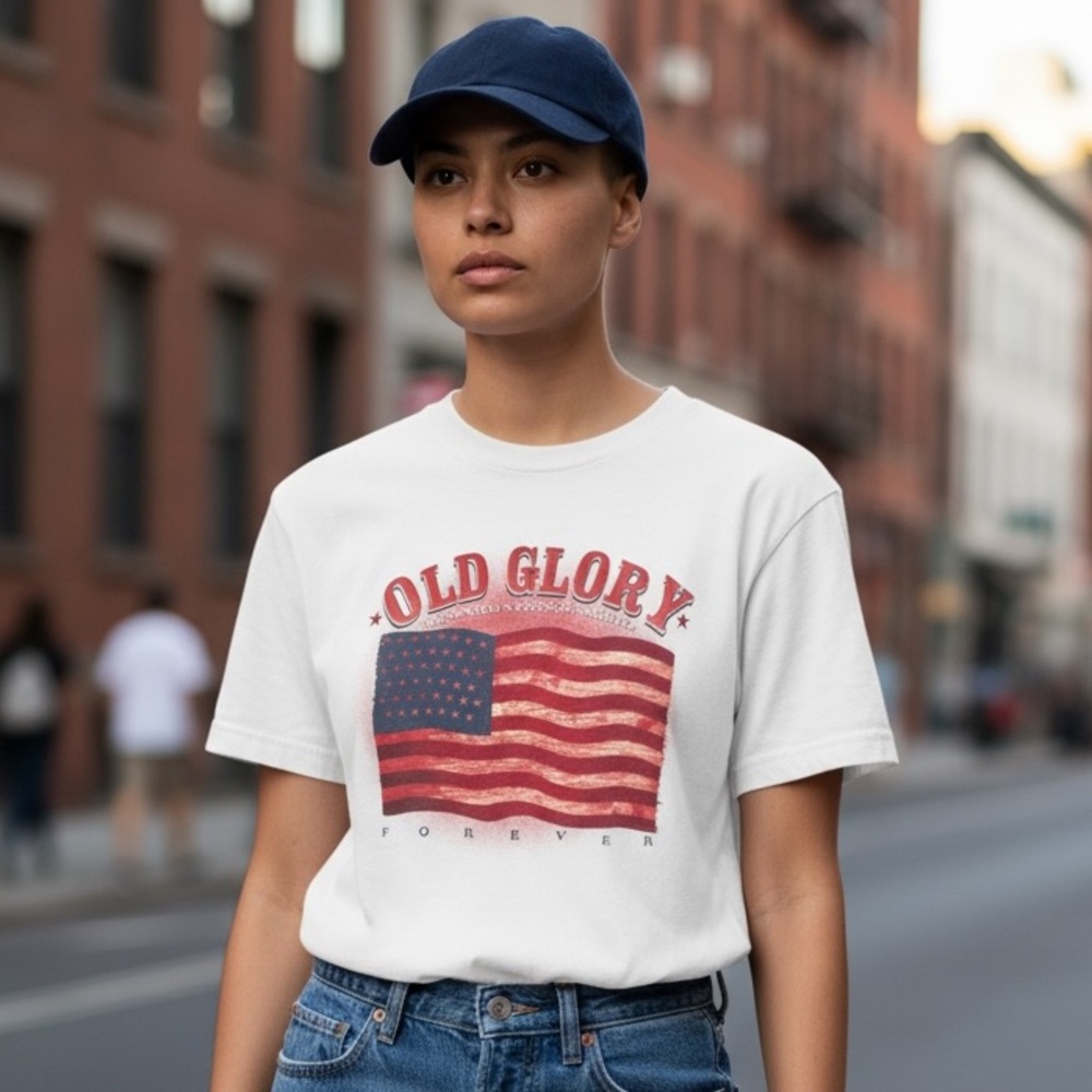 VINTAGE GIANT OLD GLORY FOREVER AMERICAN FLAG GRAPHIC TEE Size L White  Red Blue